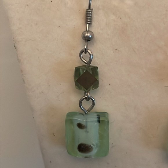 2” silver tone dangle drop earrings with teal green resin dice dangles on wires - Picture 8 of 12